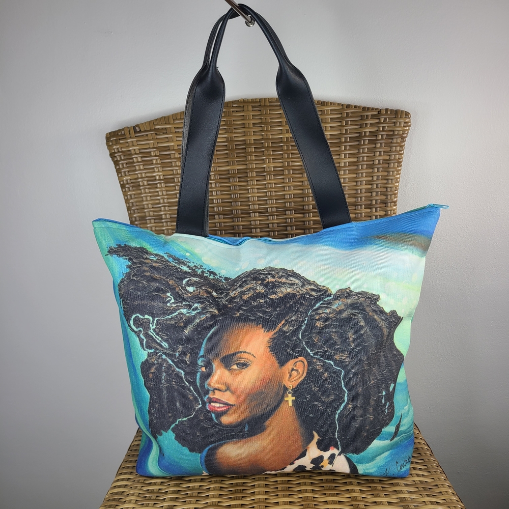 African American Expressions Canvas Handbag Tote Bag Portrait Black Art Blue NWT